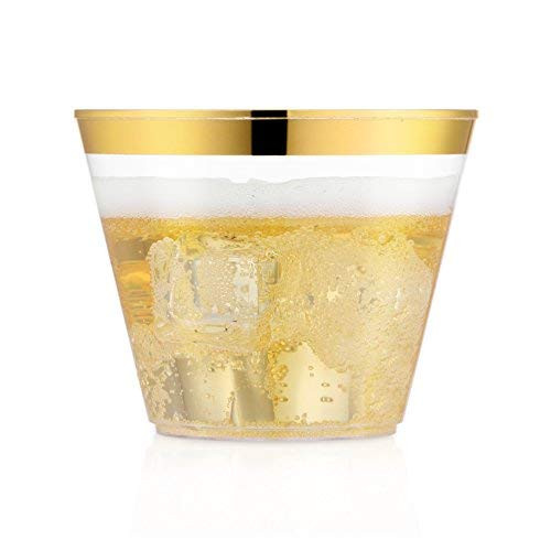 60 Gold Rimmed Plastic Cups ~ 9 Oz Clear Plastic Cups Tumblers ~Gold Rimmed Fancy Wedding Cups ~ Disposable Party Cups ~ Elegant Gold Rim