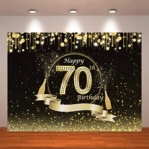 Crefelicid 7x5ft Black and Gold 70th Birthday Backdrops Shiny Spots Flower Seventy Adults Birthday Party Background Party Cake Table Photography Decorations Supplies