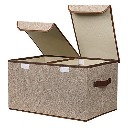 UUJOLY Cube Storage Bins with Lids Storage Box with Lids Linen Fabric Foldable Basket Cubes Organizer Storage Drawer with Lids and Handles for Home Office Closet Bedroom Nursery Khaki