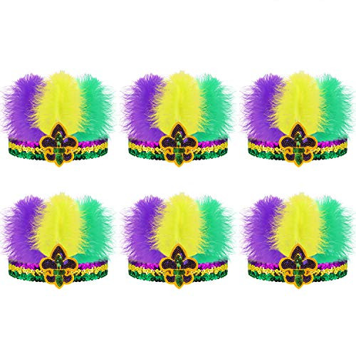 6 Packs Mardi Gras Feathers Headband Fleur-de-lis Sequin Headpieces Purple Yellow Green Cocktail Headwear Adjustable Fascinator Hats for Women Tea Party Wedding Carnival