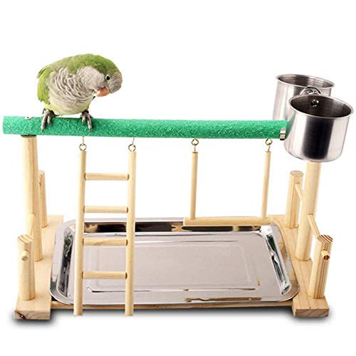 Tfwadmx Bird Play Stand Bird Climbing with Ladder Pumice Parrot Perch Bird Feeder Cups Wood Playstand Training Cage Toys for Finch Cockatiels Conures Parakeets Lovebirds