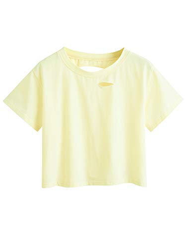 SweatyRocks Women's Summer Short Sleeve Tee Distressed Ripped Crop T-Shirt Tops Yellow S