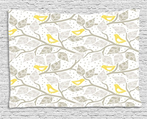 Ambesonne Grey Decor Collection, Birds on the Branch with Pastel Colored Leaves on Dotted Background Nature Art Home, Bedroom Living Room Dorm Wall Hanging Tapestry, 60W X 40L Inch, Yellow Gray White