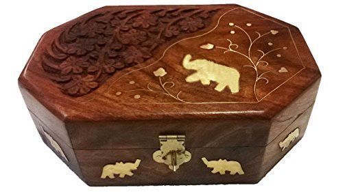 Bignay Wooden Handmade Elephant Inlay & Carving Case, Wedding Jewelry Gift Box, Jewelry Organizer Box, Ring Box - 8 Inch