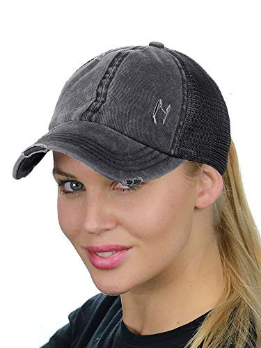 C.C Ponycap Messy High Bun Ponytail Adjustable Mesh Trucker Baseball Cap Hat Distressed Gray