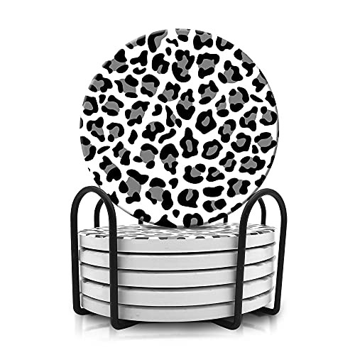 Dooke Coasters for Drinks Round Absorbent Ceramic Stone Coasters Set of 6 with Cork Base Funny Drink Coasters with Holder for Cold Drinks Wine Mugs and Cups Tabletop Protection 4 InchesLeopard