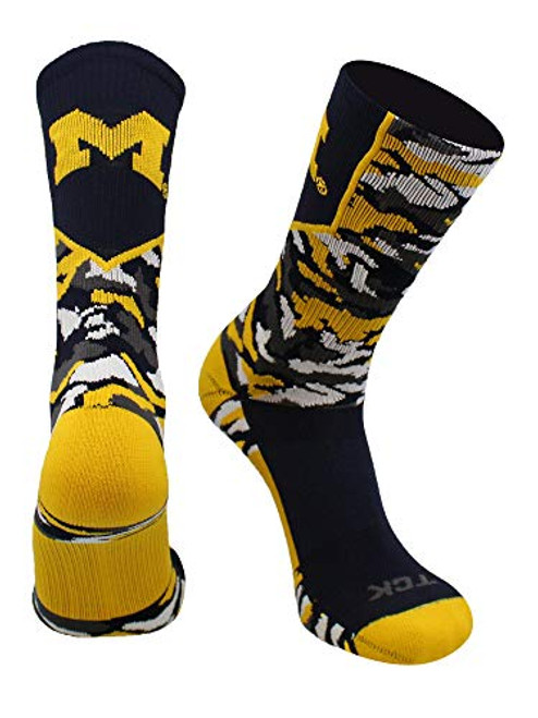 TCK Michigan Wolverines Camo Crew Socks -Navy-Gold Large- TCK Michigan Wolverines Camo Crew Socks -Navy-Gold Large-