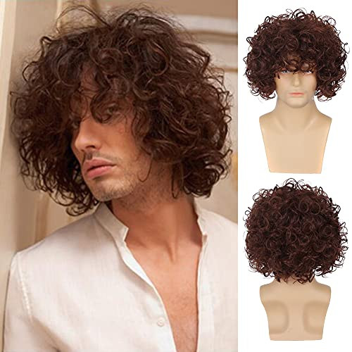 Baruisi Mens Curly Wig Short Brown Fluffy Synthetic Halloween Cosplay Costume Hair Wig for Male