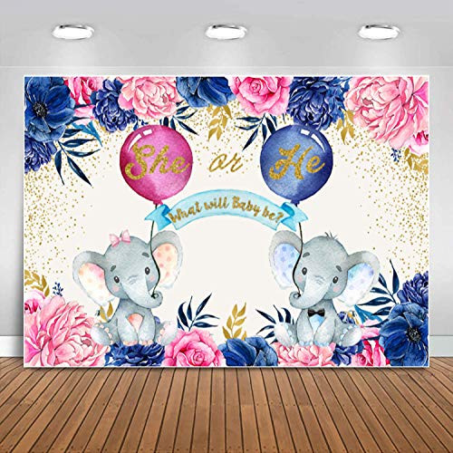Sensfun Elephant Gender Reveal Backdrop Pink or Blue Flower Baby Boy or Girl Elephant Photography Background He or She Pregnancy Reveal Party Decorations Baby Shower Cake Table Photo Booth Props 7x5ft