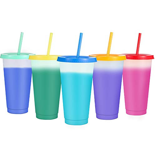 Sursip Color Changing Cups Tumblers with Lids Straws-5 Reusable Bulk Tumblers Plastic Cold Cups for Adults Kids 24oz Tumbler