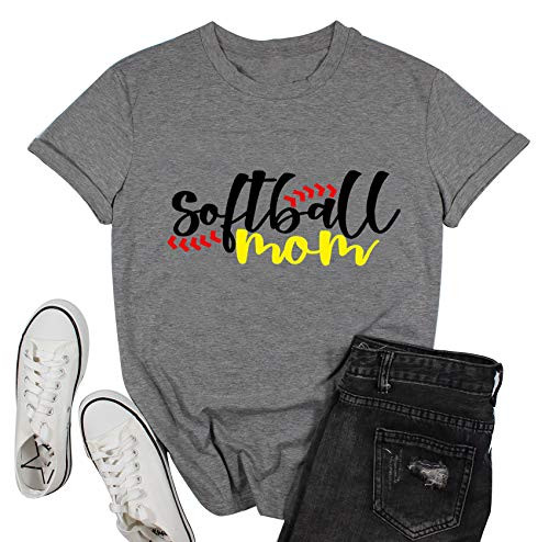 YUYUEYUE Softball Mom Letter Print T-Shirt Womens O-Neck Short Sleeve Top Tee -MediumGray-
