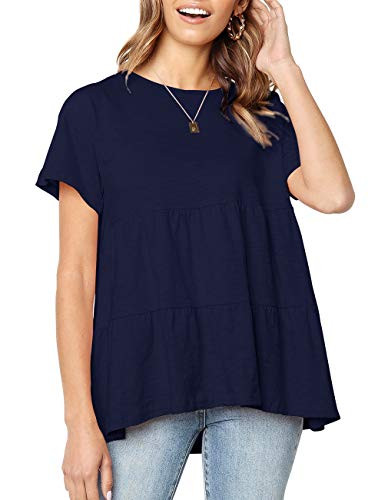 Kimiee Women's Short Sleeve Flounce Blouse Loose Solid Ruffle High Low Hem Tunic Top Casual Round Neck T Shirt -Navy Blue M-
