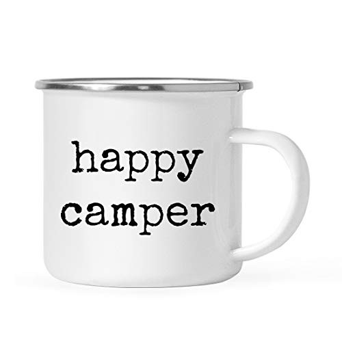 Andaz Press 11oz. Funny Rude Stainless Steel Camping Coffee Mug Gift Typewriter Style Happy Camper 1-Pack Birthday Christmas Metal Enamel Campfire Camp Fire Cup