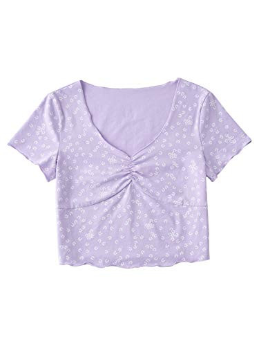 Milumia Women Ditsy Floral Print V Neck Crop Top Short Sleeve Lettuce Trim Ruched Tee Lilac Purple Medium