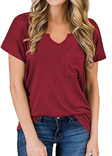 Hount Summer T Shirts for Women Short Sleeve Tunic Shirts V Neck Loose Fitted Tops LargeA-Wine Red