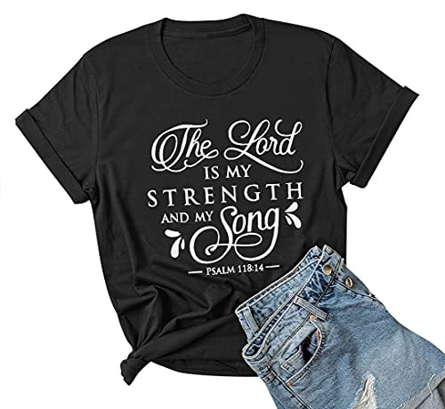 UNIQUEONE The Lord is My Strength and My Song T-Shirt Women Short Sleeve Letter Print Funny Casual Tee Blouse -Black Medium-