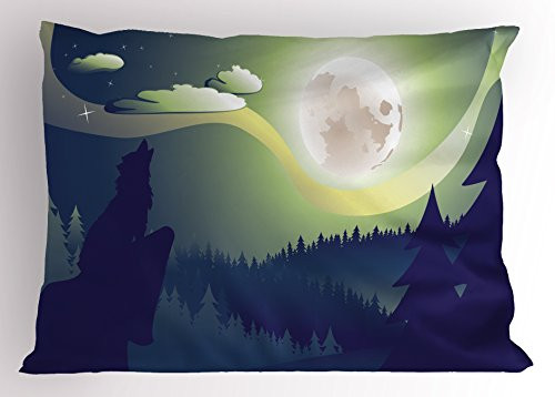 Lunarable Crying Wolf Pillow Sham Forest at Night Wild Canine Howling at The Full Moon Countryside Landscape Decorative Standard Size Printed Pillowcase 26" X 20" Multicolor