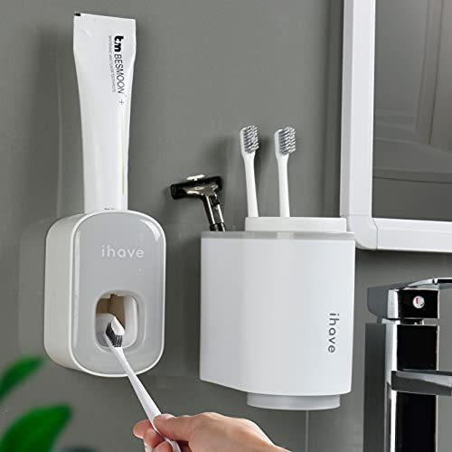 iHave Toothbrush Holder and Toothpaste Dispenser 2 Cups Magnetic Toothbrush Holder Wall Mounted for Bathroom with Toothpaste Squeezer