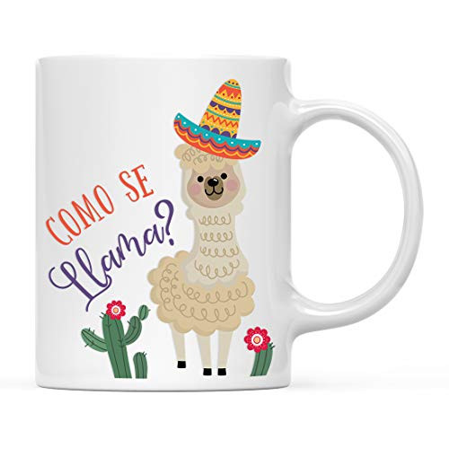 Andaz Press 11oz. Llama Alpaca Themed Funny Pun Coffee Mug Gag Gift Colorful Boho Llama Graphic Como se Llama? 1-Pack Birthday Christmas Llama Puns Spanish What's Your Name?