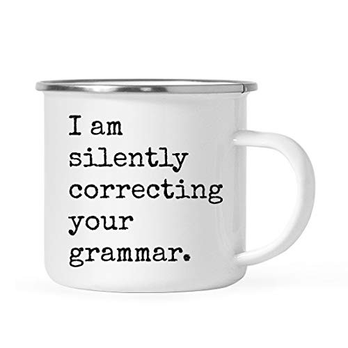Andaz Press 11oz. Funny Rude Stainless Steel Camping Coffee Mug Gift Typewriter Style I am Silently Correcting Your Grammar 1-Pack Birthday Christmas Metal Enamel Campfire Camp Fire Cup