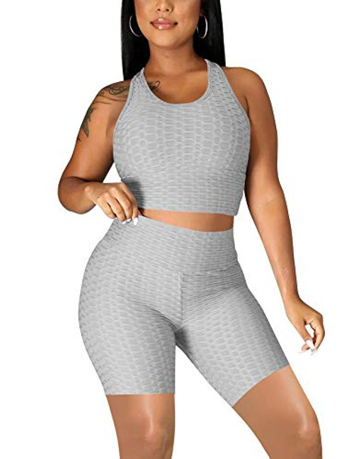 Women's 2 Piece Workout Outfits Tracksuit GYM Sexy Crop Tank Top Biker Shorts Set Medium Grey Women's 2 Piece Workout Outfits Tracksuit GYM Sexy Crop Tank Top Biker Shorts Set Medium Grey