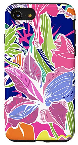 iPhone SE -2020- - 7 - 8 Flowers Pink Orange Green  and  Purple Tropical Pattern AEN095 Case