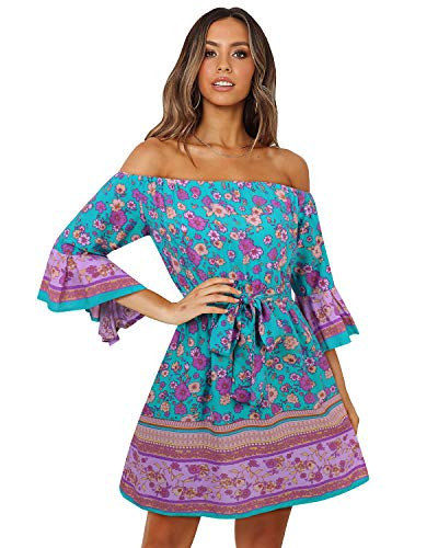 LANISEN Floral Dresses for Women ShortWomen's Summer Casual Floral Print Off Shoulder Cute Vacation Boho Flare Sleeve Casual Mini Party Dress with Belt Blue M