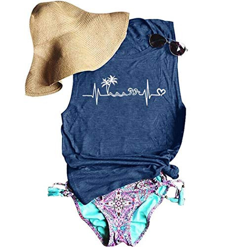 Womens Beach Vacation Casual Tank Tops Heartbeat Graphic Print Vest Summer Sleeveless Tee T-Shirt-M- Blue