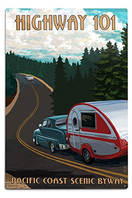 Lantern Press Highway 101 Pacific Coast Scenic Byway Retro Camper 73713 -6x9 Aluminum Wall Sign Wall Decor Ready to Hang-