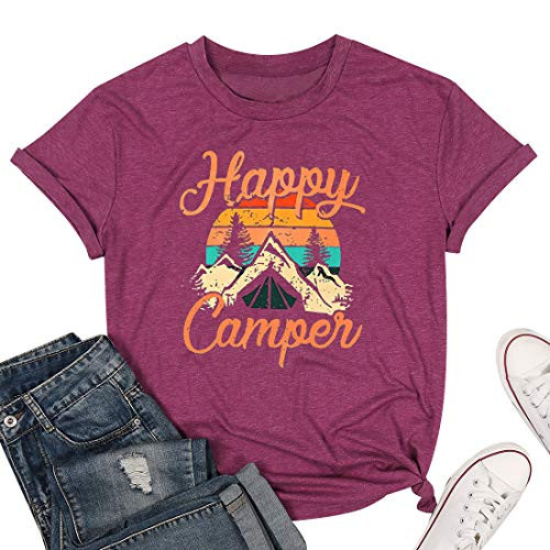 Happy Camper Shirt Women Funny Cute Graphic Tee Short Sleeve Letter Print Casual T Shirts -FuchsiaMedium- Happy Camper Shirt Women Funny Cute Graphic Tee Short Sleeve Letter Print Casual T Shirts -FuchsiaMedium-