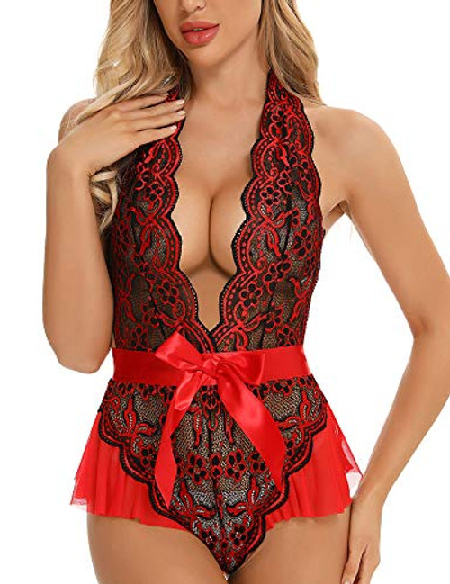 RSLOVE Women Teddy Lingerie One Piece Babydoll Sexy Lace Halter Bodysuit Nightwear Wine Red XXL RSLOVE Women Teddy Lingerie One Piece Babydoll Sexy Lace Halter Bodysuit Nightwear Wine Red XXL