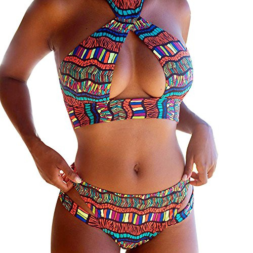 Womens Sexy High Neck Boho Paisley Printed Halter Bikini Set Hollow Out Swimsuit Two Piece Bathing Suit Tankini Swimwear