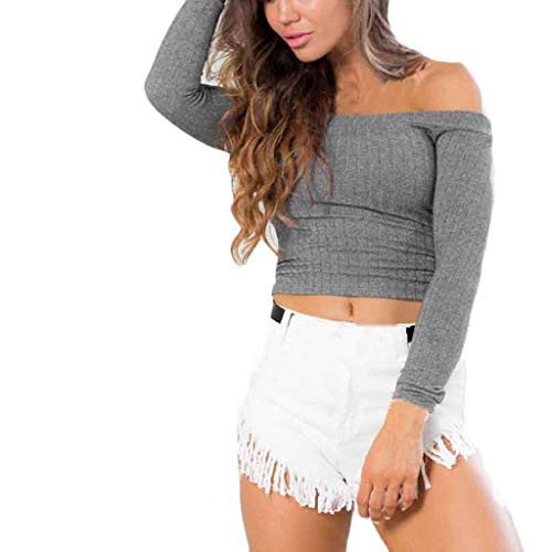 Goddessvan 2019 Women Sexy Solid Long Sleeve Off Shoulder Slim Sweater Knitting T-Shirt Blouse Gray