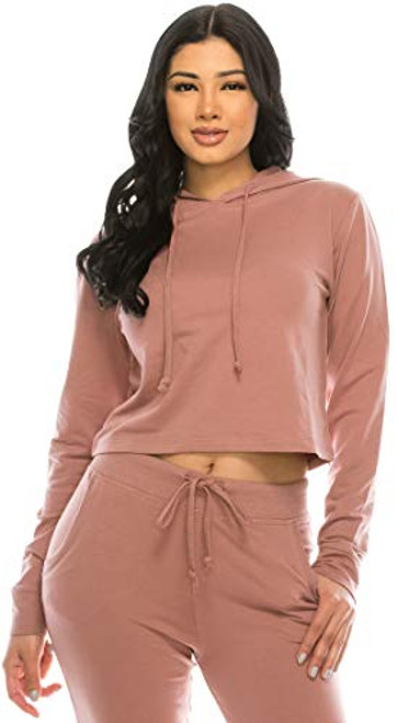 Women's Casual Crop Hoodie Sweatshirt - Cropped French Terry Hooded Long Sleeve Pullover Plain Top Workout Sports Active FT4805 Mauve M