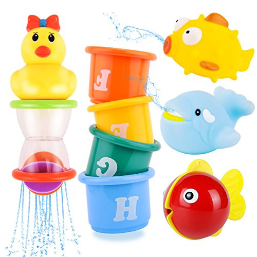 Rainbrace Bath Toys, Baby Bathtime Toys Fun Animals and Baby Bath Shower Floating Toys Stacking Cups 8pcs Cute Educational Toys for Toddlers Boys & Girls with Mesh Bath Toy Organizer