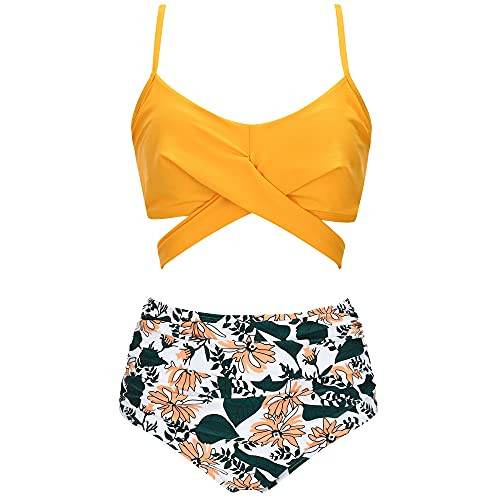 GZ-LAOPAITOU Swimsuits for Women Two Piece Bathing Suits Bikini Set Retro Halter Ruched High Waisted -Cute Yellow Medium-