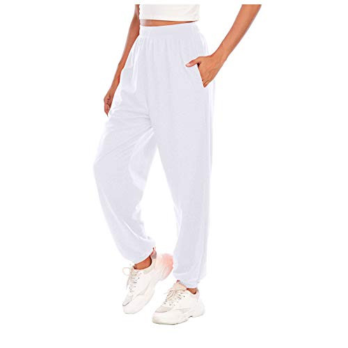 Active High Waisted Sporty Gym Athletic Fit Jogger Sweatpants Baggy Lounge Pants with Pockets White
