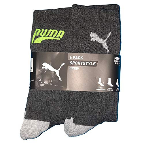 Puma Men's 6 Pack Sportstyle Crew Socks -Shoe Size 6-12-Sock Size 10-13 Dark Grey-Gray-Neon Volt-Blue-