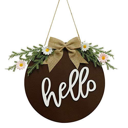 WGCC Hello Sign Front Door Decor Rustic Wooden Hanging Sign for Front Porch Wreaths Welcome Sign for Farmhouse Porch Spring Front Door Decoration -Brown-