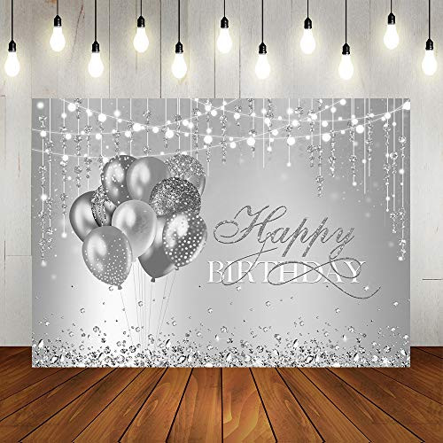 Lofaris Silver Diamonds Birthday Party Backdrop Girls Sweet 16 18th 21th Birthday Background Balloons Glitter Lights Any Age Women Happy Birthday Party Decorations Cake Table Banner 7x5ft