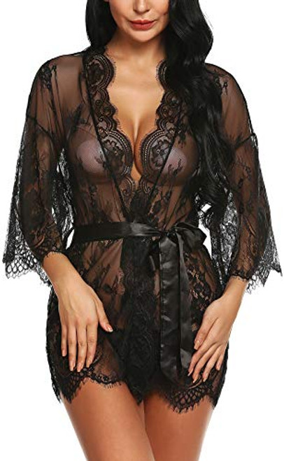 RSLOVE Women's Lace Kimono Robe Babydoll Lingerie Mesh Nightgown Plus Size Lingerie Black XXL RSLOVE Women's Lace Kimono Robe Babydoll Lingerie Mesh Nightgown Plus Size Lingerie Black XXL