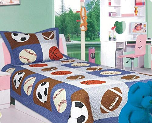 Superior Home 2pc Twin Size Bedspread Quilt Set Bedding for Kids Teens Boys, Patchwork Sports Soccer Baseball Football Print Blue Coverlet, Twin Bedspread + Pillow Sham, Twin Patchwork Sport