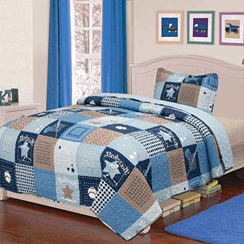 Superior Home 2pc Twin Size Bedspread Quilt Set Bedding for Kids Teens Boys, Patchwork Sports Stars Print Blue Coverlet, Twin Bedspread + Pillow Sham, Twin Patchwork Stars