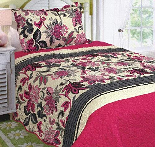 Superior Home 2pc Twin Size Bedspread Quilt Set Bedding for Adults Teens Girls, Hot Pink Beige Floral Print Coverlet, Twin Bedspread + Pillow Sham, Twin Pink Floral