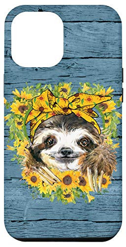 iPhone 12 Pro Max Sloth Sunflower Heart Blue Farmhouse Wood Case