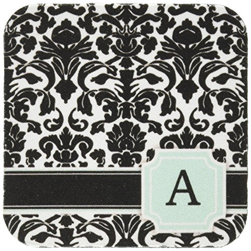 3dRose CST_154350_1 Letter A Personal Monogrammed Mint Blue Black and White Damask Pattern Classy Personalized Initial Soft Coasters Set of 4
