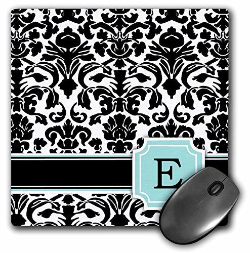 3dRose LLC 8 x 8 x 0.25 Inches Mouse Pad Letter E Personal Monogrammed Mint Blue Black and White Damask Pattern Classy Personalized Initial -mp_154354_1-