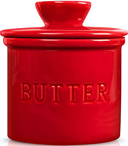 PriorityChef French Butter Crock for Counter Butter Keeper With Water Line for Fresh Spreadable Butter Farmhouse Style Ceramic Butter Keeper for Countertop Holds 1 Stick Red