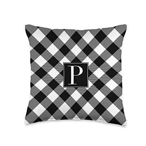 Initial Checkered Buffalo Check Designs Letter P Monogram Black White Buffalo Plaid Farmhouse Throw Pillow 16x16 Multicolor
