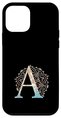 iPhone 12 mini Teal Blue Mandala with Letter A Monogram Initial on Black Case